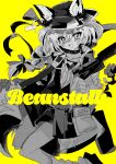  1girl animal_ears arknights beanstalk_(arknights) braid character_name collarbone fang fjsk greyscale_with_colored_background hair_ribbon highres long_hair looking_at_viewer ribbon simple_background skin_fang solo yellow_background 