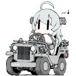  1girl ahoge car driving grey_hair ground_vehicle headgear jeep kantai_collection long_hair machinery motor_vehicle musical_note no_mouth simple_background solo steering_wheel suspension task_(s_task80) washington_(kancolle) white_background 