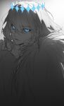  1boy blue_eyes cloak closed_mouth crown eyes_visible_through_hair fate/grand_order fate_(series) glowing glowing_eyes greyscale hair_between_eyes highres long_hair looking_at_viewer male_focus medium_hair monochrome oberon_(fate) oberon_(third_ascension)_(fate) solo spot_color twilightsea0214 