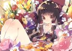  1girl :| ascot bangs bow brown_eyes brown_hair closed_mouth collared_vest commentary_request feet_out_of_frame floral_print flower frilled_bow frilled_hair_tubes frills hair_bow hair_tubes hakurei_reimu highres knees_up long_hair looking_at_viewer nikorashi-ka partially_submerged pink_flower purple_flower red_bow red_vest shirt sleeveless sleeveless_shirt solo touhou vest water yellow_ascot yellow_flower 