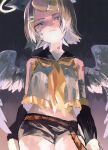  angel_wings aqua_eyes bandaged_arm bandages bandaid bandaid_on_face bangs bare_shoulders black_sailor_collar black_shorts blonde_hair bow closed_mouth detached_sleeves feathered_wings foreshortening from_below frown hair_bow hair_ornament hairclip half-closed_eyes halo head_tilt highres kagamine_rin kouhara_yuyu looking_down number_tattoo sailor_collar sailor_shirt serious shirt shorts shoulder_tattoo sleeveless sleeveless_shirt squinting swept_bangs tattoo vocaloid white_bow white_wings wings 