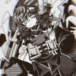 1boy arknights ayerscarpe_(arknights) ayerscarpe_(tested_one)_(arknights) closed_mouth expressionless fjsk greyscale highres looking_at_viewer monochrome short_hair solo