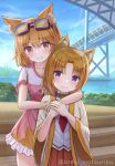  2girls absurdres animal_ear_fluff animal_ears arcana_heart bangs bridge brown_hair cat_ears closed_mouth cocoa_(rabi_ribi) collarbone commentary_request crossover day dog_ears dress frilled_dress frilled_sleeves frills goggles goggles_on_head hair_between_eyes highres hug hug_from_behind inuwaka_nazuna iroha_(iroha_matsurika) long_hair long_sleeves multiple_girls open_clothes outdoors parted_bangs pink_dress pleated_skirt rabi-ribi red_eyes red_skirt shirt short_sleeves skirt smile twitter_username violet_eyes water white_shirt wide_sleeves 