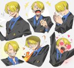  1boy :d ^_^ arms_up blonde_hair cigarette clenched_teeth closed_eyes excited expressions facial_hair fire formal grin hair_over_one_eye hand_up heart heart-shaped_eyes highres holding holding_cigarette lighting_cigarette long_sleeves male_focus multiple_views necktie one_piece qin_(7833198) sanji_(one_piece) short_hair simple_background smile smoking suit teeth 