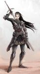  1girl absurdres armor azure_meraki black_hair breastplate chainmail contrapposto dated fighting_stance floating_hair full_body gambeson hand_up highres holding holding_sword holding_weapon long_hair looking_at_viewer metal_boots original ornate_armor parted_lips red_eyes sanpaku signature solo standing sword two-handed_sword weapon zweihander 