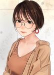  1girl bangs brown_eyes brown_hair brown_jacket brown_shirt closed_mouth collarbone earrings glasses highres hoop_earrings jacket jewelry lips lipstick long_sleeves looking_at_viewer makeup necklace original round_eyewear saitou_(lynx-shrike) shirt short_hair solo 