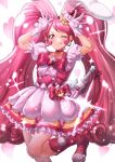  1girl ;d absurdres animal_ears cake_hair_ornament choker cowboy_shot cure_whip dress earrings extra_ears food-themed_hair_ornament hair_ornament highres jewelry kirakira_precure_a_la_mode long_hair looking_at_viewer magical_girl one_eye_closed pink_choker pink_dress pom_pom_(clothes) pom_pom_earrings pouch precure puffy_short_sleeves puffy_sleeves rabbit_ears sakana_sakanama short_sleeves smile standing standing_on_one_leg usami_ichika very_long_hair wand white_background 