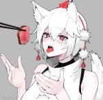  1641_(chfhrtor94) 1girl animal_ear_fluff animal_ears artist_name bangs bare_shoulders chopsticks food inubashiri_momiji looking_at_viewer meat open_mouth pom_pom_(clothes) red_eyes shirt short_hair sleeveless sleeveless_shirt solo tail teeth tongue tongue_out touhou upper_teeth white_hair white_shirt wolf_ears wolf_girl wolf_tail 