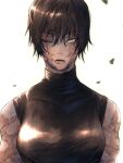  1girl bare_shoulders black_hair blurry blurry_background eyelashes gusty10rk hair_between_eyes highres jujutsu_kaisen leaf long_eyelashes looking_at_viewer lower_teeth open_mouth pink_lips scar scar_on_arm scar_on_face scar_on_neck short_hair solo teeth turtleneck upper_body wind yellow_eyes zen&#039;in_maki 