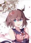  1girl :d alua animal_ears blue_eyes brown_hair cherry_blossoms commentary_request flower hair_between_eyes hair_flower hair_ornament hair_ribbon highres horse_ears horse_girl looking_at_viewer partial_commentary pink_ribbon ribbon sakura_chiyono_o_(umamusume) short_hair smile solo umamusume upper_body 
