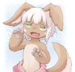  1other @_@ animal_ears blue_background brown_fur commentary_request fangs floppy_ears furrowed_brow furry green_eyes grey_hair hands_up highres made_in_abyss nanachi_(made_in_abyss) open_mouth other_focus pants pink_pants short_hair solo spiral_background sukasshu_(mroooo) tail topless upper_body whiskers white_background 