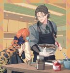  1boy 1girl :d ahoge apron black_apron black_hair black_skirt blue_bow blue_nails blue_shirt blue_skin bow bowl collared_shirt colored_skin comb_over commentary cooking creator_connection curly_hair cutting_board facing_away fate/grand_order fate_(series) glasses gloves gradient_hair hair_bow hair_bun highres holding holding_bowl holding_spatula jar kimiruun kitchen knife long_hair looking_at_another looking_to_the_side low_ponytail lower_teeth milk_carton mixing_bowl multicolored_hair orange_hair outside_border plastic_gloves shirt single_glove single_hair_bun skirt smile spatula spoon symbol-only_commentary table teeth upper_body van_gogh_(fate) van_gogh_(second_ascension)_(fate) violet_eyes whisk white_shirt wooden_table yamanami_keisuke_(fate) 