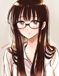  1girl bangs black-framed_eyewear blush brown_hair collarbone collared_shirt commentary glasses grey_background himawari-san himawari-san_(character) long_hair looking_at_viewer parted_lips shiny shiny_hair shirt signature simple_background sketch solo sugano_manami upper_body violet_eyes white_shirt 