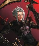  .hack// 1boy azure_meraki black_bodysuit bodysuit claws closed_mouth covered_abs gradient gradient_background haseo_(.hack//) highres holding holding_weapon looking_at_viewer male_focus red_background red_eyes short_hair solo upper_body weapon white_hair 