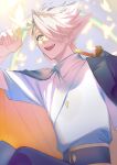  1boy absurdres alef_(sky:_children_of_the_light) bishounen bug butterfly earrings glowing_butterfly grey_hair highres jewelry malachuanchuanxiang31373 male_focus rainbow short_hair sky:_children_of_the_light smile solo spiky_hair tassel tassel_earrings white_hair yellow_butterfly yellow_eyes 