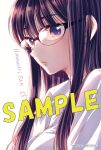  1girl artist_name bangs black-framed_eyewear buttons collared_shirt commentary_request copyright_name dress_shirt from_side glasses highres himawari-san himawari-san_(character) long_hair looking_at_viewer not_for_sale parted_lips purple_hair sample_watermark shirt simple_background solo sugano_manami upper_body violet_eyes white_background white_shirt 