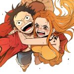 arms_around_neck arms_around_waist black_hair blush crying dress holding hug large_breasts long_hair looking_up monkey_d._luffy myb_iai0505 nami_(one_piece) one_piece orange_dress orange_hair shirt shorts smile strapless straw_hat tattoo tears
