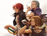 3boys benn_beckman black_hair character_request cigarette commentary_request highres holding holding_sword holding_weapon looking_to_the_side male_focus multiple_boys muscular oekakiboya one_piece pirate redhead shanks_(one_piece) short_hair simple_background smile smoke smoking sword weapon yasopp