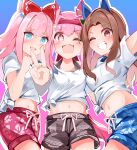  3girls absurdres agnes_digital_(umamusume) animal_ears blue_eyes breasts brown_hair commentary_request fang gaze_on_me!_(umamusume) haru_urara_(umamusume) headband highres horse_ears king_halo_(umamusume) long_hair looking_at_viewer medium_breasts midriff multiple_girls navel official_alternate_costume pink_hair shi_(kamokamo910) shirt shorts simple_background umamusume v 