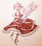  1girl adapted_costume ahoge animal_ears bird_ears bird_wings blush brown_dress brown_thighhighs dress egret feathered_wings frilled_dress frills full_body hair_between_eyes highres long_sleeves mystia_lorelei open_mouth pink_eyes pink_hair short_hair smile solo thigh-highs touhou traditional_media twitter_username white_wings wings 