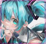  1girl absurdres arako_o bangs black_sleeves blue_eyes blue_hair blue_necktie collared_shirt commentary_request detached_sleeves grey_shirt grin hair_ornament happy_birthday hatsune_miku highres long_hair looking_at_viewer necktie shirt sideways_glance smile solo twintails upper_body vocaloid white_background 