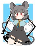  1girl animal_ears black_skirt black_vest blue_capelet blush_stickers capelet closed_mouth cowboy_shot cropped_legs dowsing_rod grey_hair holding ini_(inunabe00) jewelry long_sleeves mouse_ears mouse_tail nazrin pendant red_eyes shirt short_hair skirt solo tail touhou vest white_shirt 