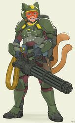  19vodnik absurdres ammunition_pouch animal_ears armor blue_eyes bulletproof_vest cat_ears cat_girl cat_tail fallout_(series) fangs gatling_gun gun handgun helmet highres holding holding_weapon knee_pads military military_uniform minigun pouch shoulder_armor tail uniform visor_(armor) weapon 