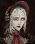  1girl ascot azure_meraki bags_under_eyes bloodborne blue_eyes bonnet closed_mouth dated emaciated flower hat hat_flower highres lipstick looking_at_viewer makeup mascara plain_doll portrait purple_lips red_ascot signature solo white_hair 