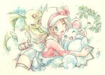  1girl :d :q ;d bad_link brown_hair chikorita hat holding lyra_(pokemon) marill one_eye_closed open_mouth pokemon pokemon_(creature) pokemon_(game) pokemon_hgss smile tongue tongue_out twintails 