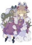  1girl bangs black_footwear blonde_hair blush brown_headwear chinese_knot commentary dress frog full_body hat heart high_heels highres knees_up long_hair long_sleeves looking_at_viewer moriya_suwako nikorashi-ka open_mouth purple_dress sitting solo stitches stuffed_toy touhou turtleneck veil white_dress wide_sleeves yellow_eyes 