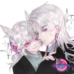 2boys bai_xiao bangs bishounen duduadudu830 earrings evil_smile gloating_narcissist grey_hair headphones highres jewelry looking_at_viewer male_focus multiple_boys parted_bangs pink_eyes pointy_hair ponytail short_hair sky:_children_of_the_light smile upper_body violet_eyes white_hair 