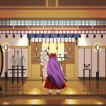  1girl barefoot bow candlestand from_behind gohei hair_bow hakurei_reimu hakurei_reimu_(pc-98) holding holding_staff indoors interior kaigen_1025 long_hair long_skirt oonusa purple_hair red_bow red_skirt shide shrine skirt solo staff standing style_request touhou touhou_(pc-98) very_long_hair wooden_floor 