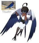  1girl absurdres ahoge bangs bird_legs bird_tail bird_wings black_hair black_sclera black_skirt blue_eyes blue_feathers blue_jacket colored_sclera dark-skinned_female dark_skin feathered_wings feathers gomulgong hair_between_eyes hand_in_pocket harpy highres holding huge_ahoge jacket letterman_jacket monster_girl orange_scarf original personification reference_inset scarf shirt short_hair simple_background skirt solo tail tail_feathers talons white_background white_feathers white_shirt wings 