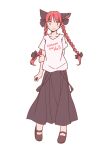 1girl alternate_costume animal_ears arm_behind_back braid casual cat_ears full_body kaenbyou_rin long_skirt rangycrow redhead shirt shoes simple_background skirt smile solo t-shirt touhou twin_braids white_background |_| 