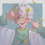  1boy bishounen bug butterfly finger_frame grateful_shell_collector green_eyes highres male_focus sky:_children_of_the_light solo white_hair xiaozhu37324 yellow_butterfly 