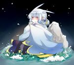  1boy absurdres bishounen blue_eyes cape ganshijiu grey_hair highres male_focus mimizuku_(sky:_children_of_the_light) pointy_hair ponytail sky:_children_of_the_light solo white_hair 