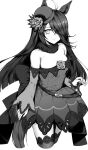  1girl alternate_costume animal_ears black_hair breasts commentary_request cosplay detached_sleeves flower hair_over_one_eye hat highres horse_ears horse_tail long_hair looking_at_viewer manhattan_cafe_(umamusume) monochrome nihudau rice_shower_(umamusume) rice_shower_(umamusume)_(cosplay) rose small_breasts solo tail thigh-highs umamusume 
