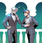 2boys astraea_f black_hair black_nails bow bowtie butterfly_brooch champagne_flute contemporary cup drinking_glass green_eyes hades_(game) hand_on_hip laurel_crown male_focus multiple_boys smile thanatos_(hades) tuxedo white_hair yellow_eyes zagreus_(hades) 