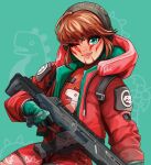  1girl apex_legends artist_name bodysuit brown_hair facepaint gloves green_gloves gun highres holding holding_gun holding_weapon hood hooded_jacket jacket looking_at_viewer noush official_alternate_costume one_eye_closed r-301_carbine red_bodysuit red_jacket ribbed_bodysuit smile solo wattson_(apex_legends) weapon 