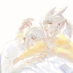  2boys absurdres bai_xiao bishounen california29372 grey_hair highres index_finger_raised lying lying_on_person male_focus mimizuku_(sky:_children_of_the_light) multiple_boys pointy_hair ponytail profile siblings sky:_children_of_the_light sleeping twins white_hair 