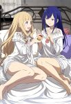  2girls absurdres bangs bed blonde_hair blue_eyes blue_hair blunt_bangs character_request food fruit_tart highres holding holding_food indoors legs_together long_hair megami_magazine multiple_girls nightgown official_art on_bed open_mouth pajamas palms pillow scan sidelocks sitting smile tart_(food) teeth thighs ukimura_haruna upper_teeth v-shaped_eyebrows violet_eyes warau_ars_notoria white_nightgown 