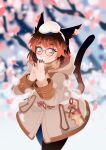  1girl animal_ears avatar_(ff14) black_hair black_nails blush brown_coat brown_hair cat_ears cat_girl cat_tail cherry_blossoms coat final_fantasy final_fantasy_xiv gift_art glasses gradient_hair grin highres jewelry long_sleeves looking_at_viewer medium_hair multicolored_hair own_hands_together parted_lips projecttiger ring round_eyewear short_hair smile solo tail teeth 