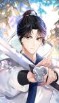  1boy absurdres black_hair blue_eyes blurry blurry_background closed_mouth hair_bun highres holding holding_sword holding_weapon korean_commentary lee_songbaek long_sleeves looking_at_viewer male_focus return_of_the_mount_hua_sect scar scar_on_face serious shine_s247 solo sword weapon 