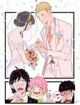  3boys 3girls afro ahoge anya_(spy_x_family) awarinko bangs black_hair blonde_hair blue_eyes blush bond_(spy_x_family) bow bowtie bridal_gauntlets broken_heart brother_and_sister closed_mouth collared_shirt commentary_request confetti crying crying_with_eyes_open dog dress fiona_frost franky_franklin green_eyes hair_bun hairpods happy highres horn_ornament horns husband_and_wife jacket jewelry multiple_boys multiple_girls necktie open_mouth pink_hair pink_necktie red_bow red_bowtie red_eyes ring shirt siblings sidelocks single_hair_bun smile snot spy_x_family tears twilight_(spy_x_family) vest wedding_dress wedding_ring white_jacket white_shirt white_vest wing_collar yor_briar yuri_briar 