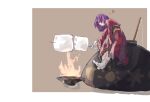  1girl beamed_sixteenth_notes bowl closed_eyes closed_mouth fire food highres holding holding_food japanese_clothes kimono long_sleeves musical_note obi obsarviah purple_hair red_kimono sash short_hair sitting smile socks solo sukuna_shinmyoumaru touhou white_socks wide_sleeves 