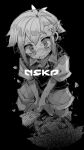  1boy basil_(omori) collared_shirt crying crying_with_eyes_open fjsk flower greyscale hair_flower hair_ornament highres kneeling looking_at_viewer monochrome omori parted_lips shirt short_hair short_sleeves shorts solo sweater_vest tears teeth 