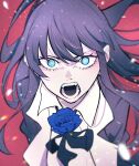  1girl absurdres ado_(singer) blue_eyes blue_flower blurry eyelashes film_grain flower hair_between_eyes highres long_eyelashes long_hair longlong_(drasdr7513) looking_at_viewer open_mouth purple_hair real_life red_background ringed_eyes rose simple_background solo teeth upper_body 