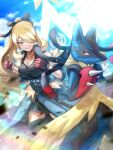  1girl belt black_shirt blonde_hair blue_belt blue_coat blue_sky blurry breasts clenched_hands closed_mouth coat commentary_request cynthia_(pokemon) day debris dirt fighting_stance floating_hair fur-trimmed_coat fur_trim gloves grey_eyes hair_over_one_eye hands_up highres large_breasts lens_flare long_hair looking_at_viewer lucario mega_lucario mega_pokemon official_alternate_costume outdoors pokemon pokemon_(creature) pokemon_(game) pokemon_masters_ex pokephilia ponytail red_eyes red_gloves shirt sky smile spikes sunlight supino thigh-highs 