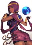  1girl ass back blue_eyes bob_cut bracer crystal_ball dark-skinned_female dark_skin fingerless_gloves from_side gloves hankuri headband lips menat purple_hair short_hair simple_background smile solo street_fighter street_fighter_v thighs white_background 