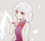  1girl braid buttons cccc20050819 collared_dress dress feathered_wings feathers grey_background grey_hair grey_jacket hair_between_eyes highres jacket kishin_sagume long_sleeves open_clothes open_jacket parted_lips purple_dress red_eyes short_hair signature simple_background single_wing solo touhou white_wings wings 